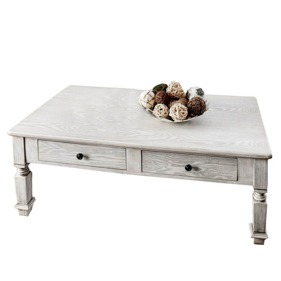 Transitional Wooden Coffee Table With Turned Legs and 2 Drawers, White- Saltoro Sherpi