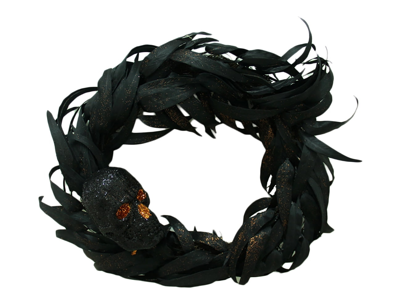 Transpac Zeckos 17 inch Diameter Gothic Halloween Feather Wreath With Black Skull - Door or Wall Decor