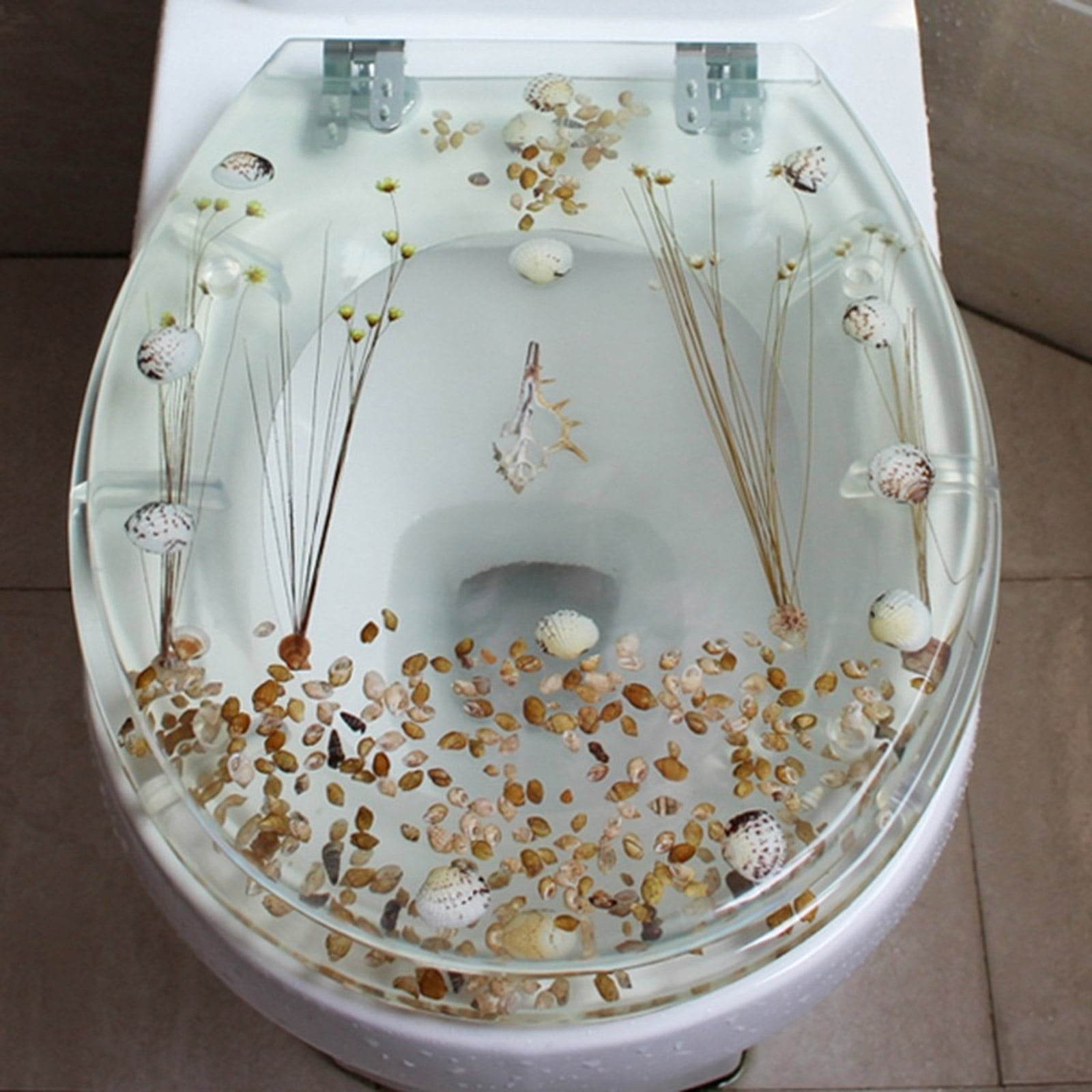 Transparent Resin Shell Polyresin Toilet Seat, Decoration Transparent Safety U/V Shape Seashell Sea Plants Decor Bathroom Toilet Seat with Hinges