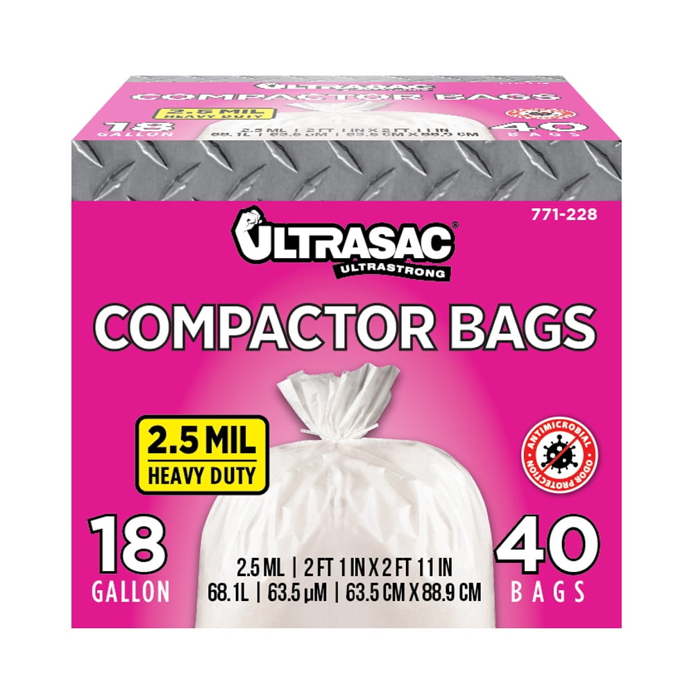 Trash Compactor Bags - (40 Pack with Ties) 18 Gallon for 15 inch Compactors - 25" x 35" Heavy Duty 2.5 MIL Garbage Disposal Bags Compatible with Kitchenaid Kenmore Whirlpool GE Gladiator