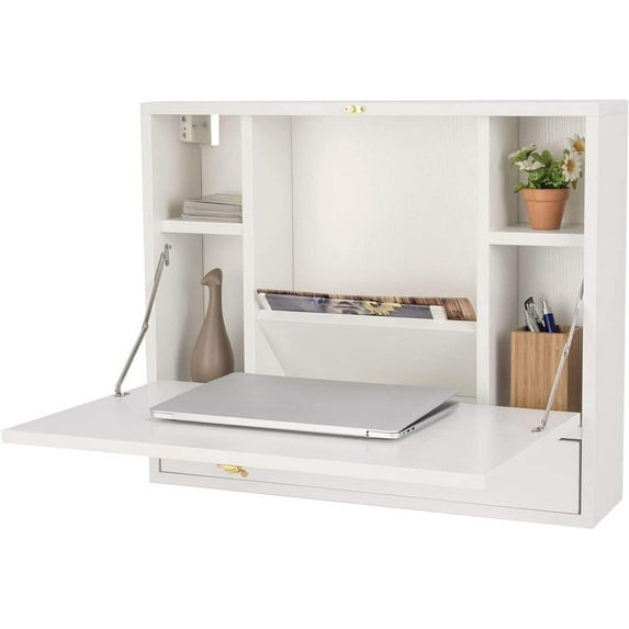 TrendSage Wall Mounted Table, Multifunctional Folding Hanging Storage Cabinet, Space Saving Computer Desk w/Storage Drawer and Shelves, Wall Mount Laptop Desk for Home Office (White)