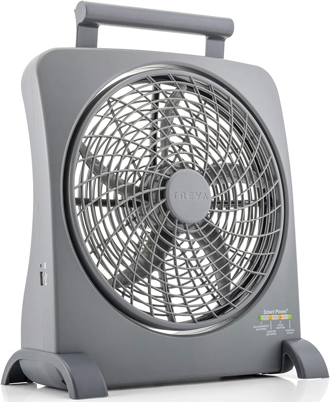 Treva 10 inch Rechargeable Portable Fan Smart Power Air Circulator. Plug-In AC Adapter and Battery Powered, USB Charging Port, For Camping, Travel and Indoors Use