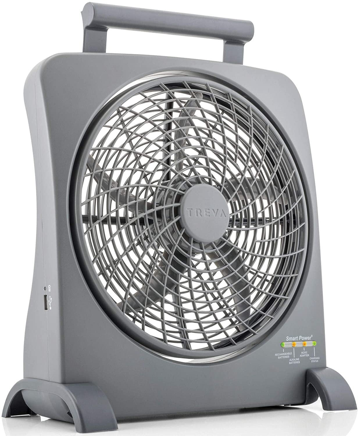 Treva 10 inch Rechargeable Portable Fan Smart Power Air Circulator. Plug-In AC Adapter and Battery Powered, USB Charging Port, For Camping, Travel and Indoors Use