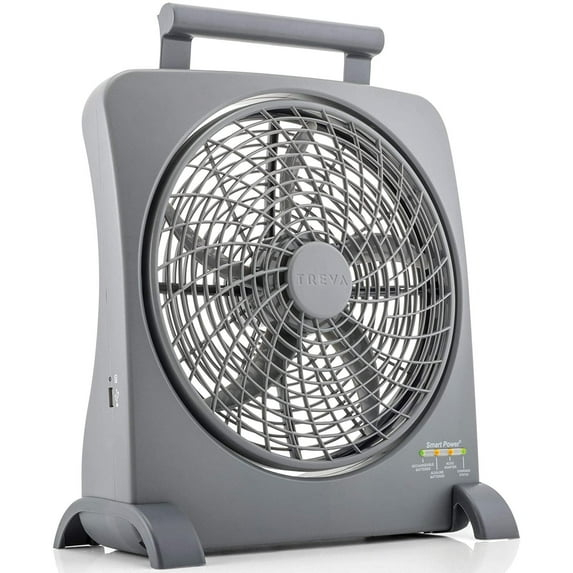Treva 10 inch Rechargeable Portable Fan Smart Power Air Circulator. Plug-In AC Adapter and Battery Powered, USB Charging Port, For Camping, Travel and Indoors Use