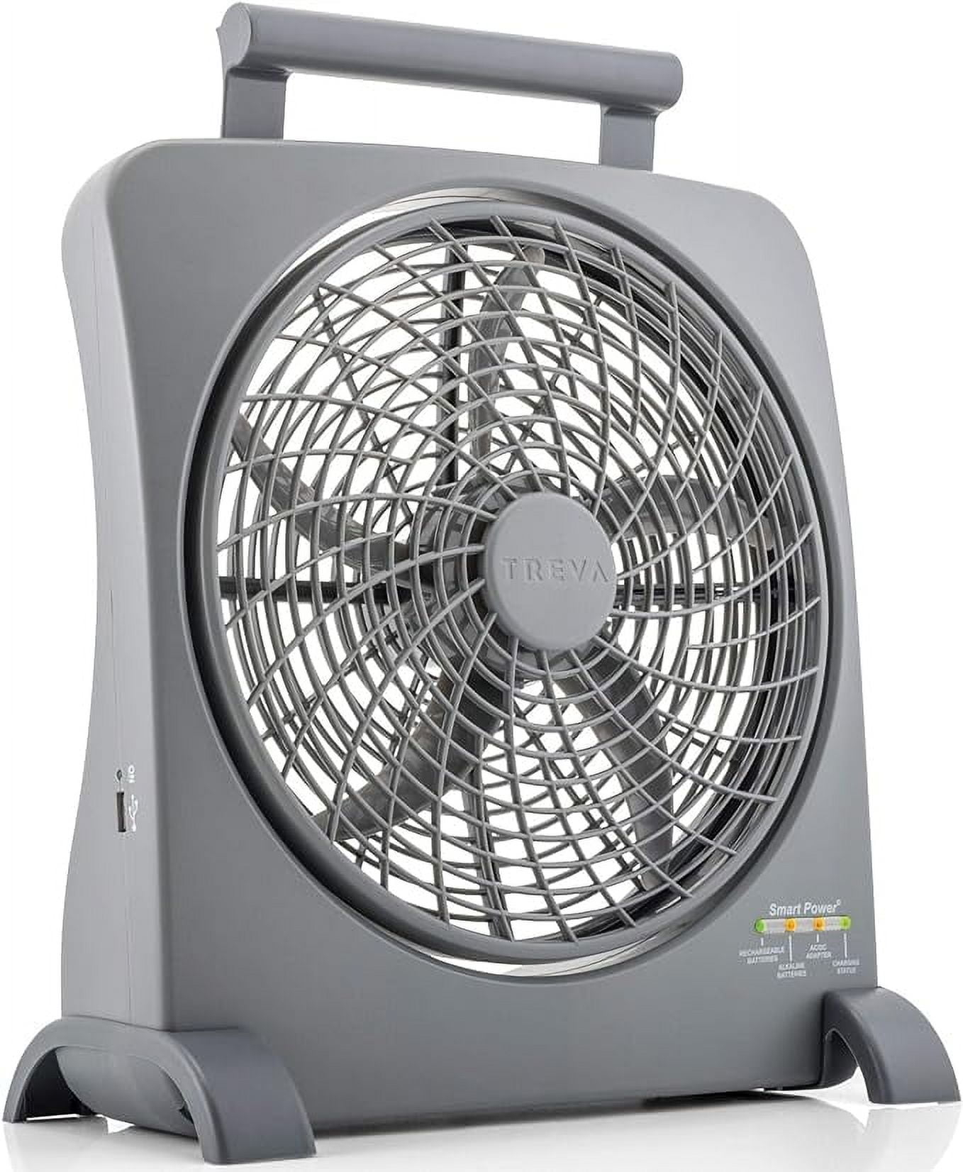 Treva 10 inch Rechargeable Portable Fan Smart Power Air Circulator. Plug-In AC Adapter and Battery Powered, USB Charging Port, For Camping, Travel and Indoors Use