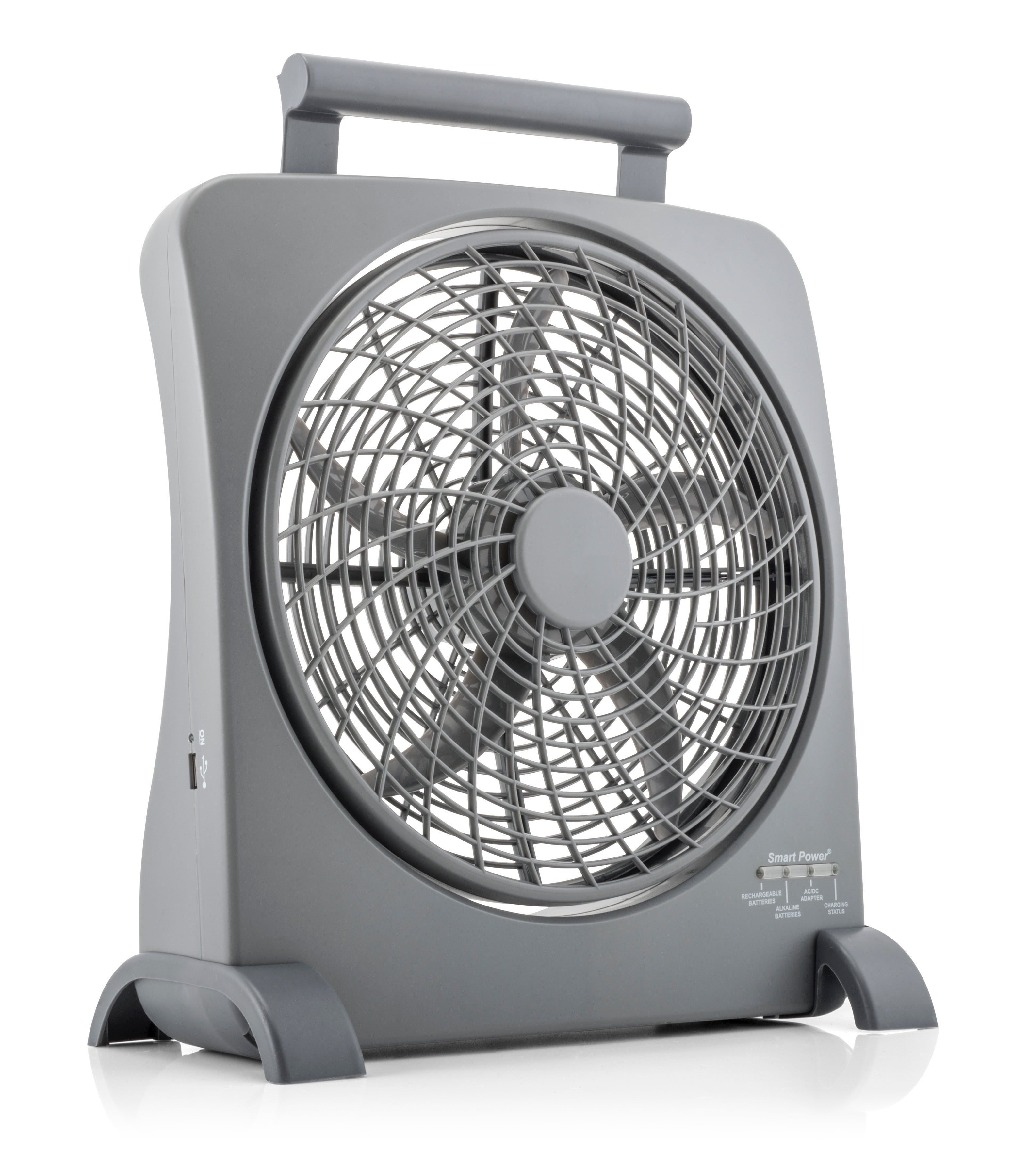Treva 10 inch Rechargeable Portable Fan Smart Power Air Circulator. Plug-In AC Adapter and Battery Powered, USB Charging Port, For Camping, Travel and Indoors Use