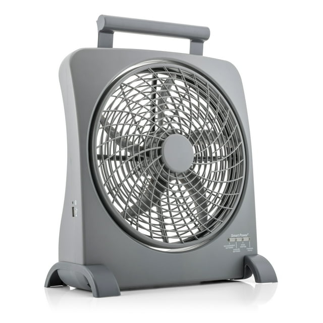 Treva 10 inch Rechargeable Portable Fan Smart Power Air Circulator. Plug-In AC Adapter and Battery Powered, USB Charging Port, For Camping, Travel and Indoors Use