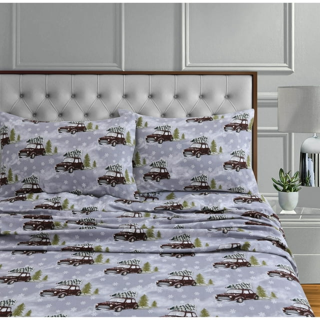 Tribeca Living 170-GSM Soft Flannel Extra Deep Pocket Bed Sheet Set with Oversized Flat winter outing grey Queen Novelty Traditional