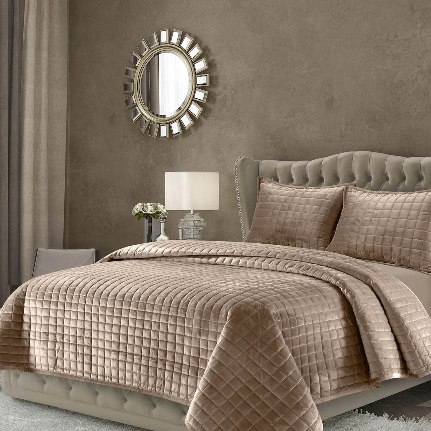 Tribeca Living Florence Velvet Oversized Solid Quilt Set King Taupe