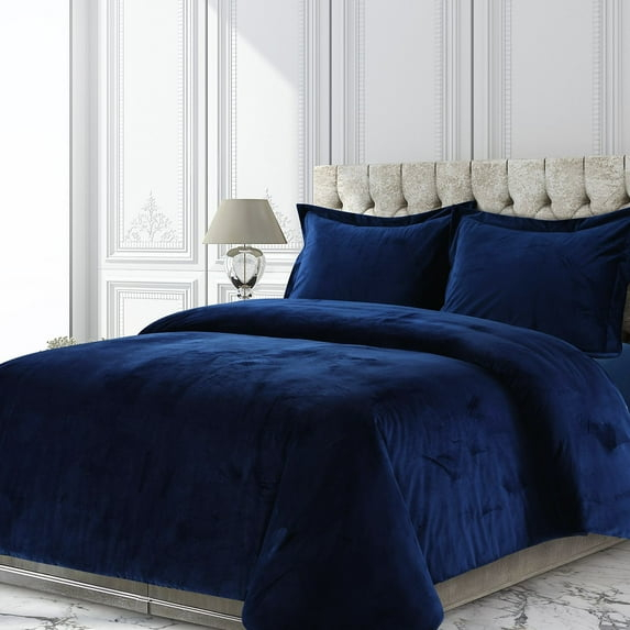 3pc King Venice Velvet Oversized Solid Duet Set Navy Blue - Tribeca Living: Luxurious Polyester, Reversible, OEKO-TEX Certified