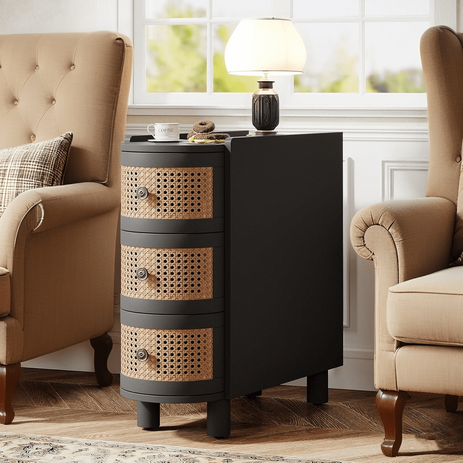 Canddidliike Wood End Table, 3-Drawer Side Table NightStand with 3 Rattan Drawers, End Table for Bedroom, Black