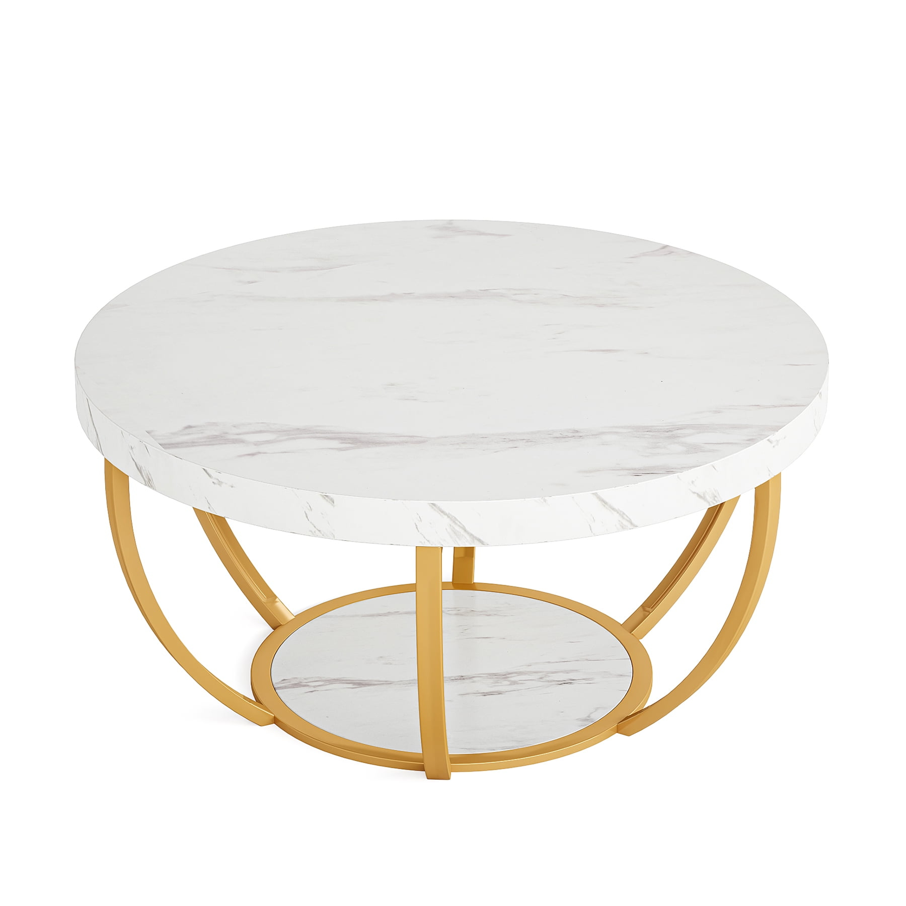 Kepooman Wooden Coffee Table, 2-Tier Round Central Cocktail Table with Shelves,White