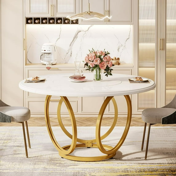 47 inch Dining Table for Dining Room, 4 People Round Dinner Table white & Gold