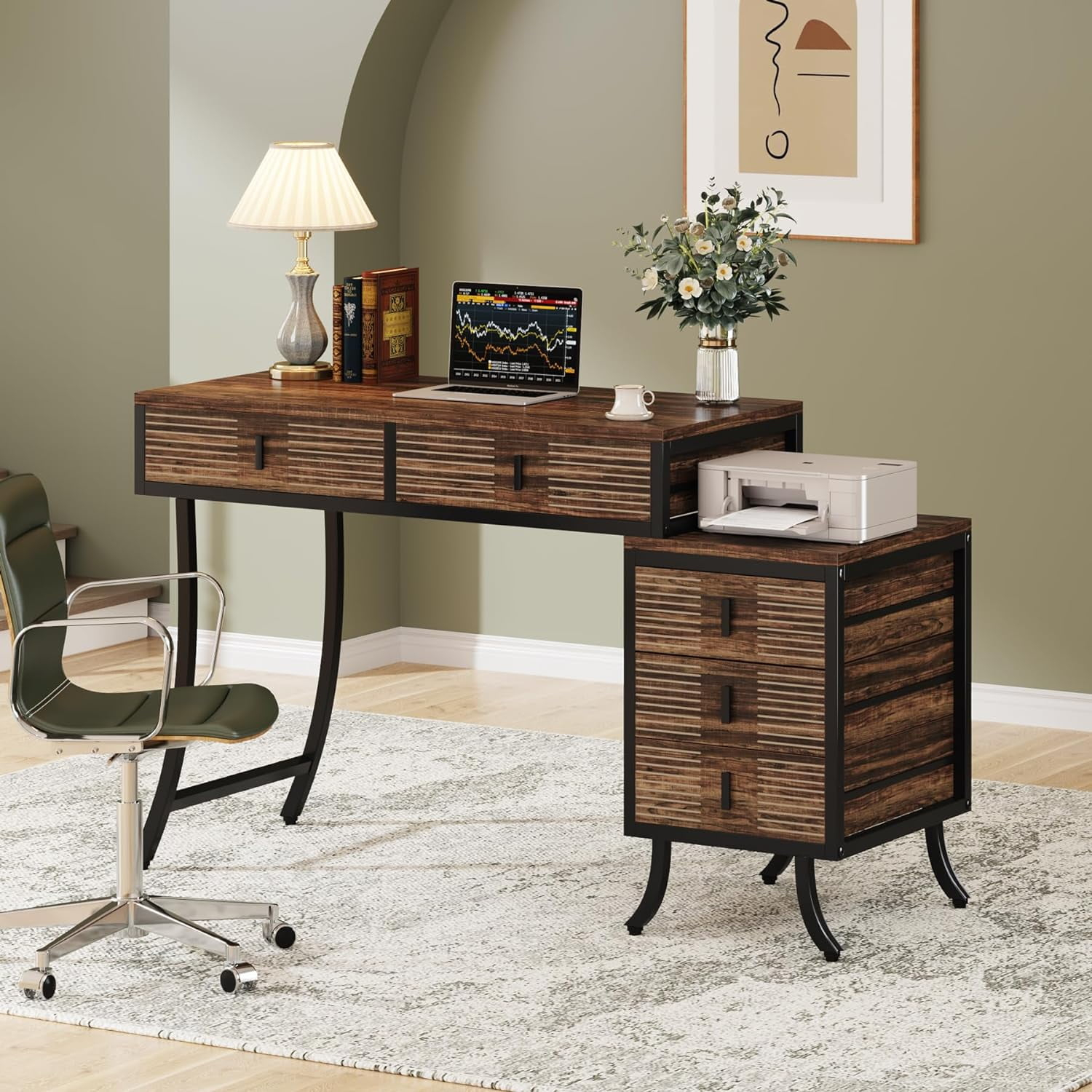 Tribesigns Computer Desk with 5 Drawers, 55" Home Office Desk with Reversible Drawer Cabinet