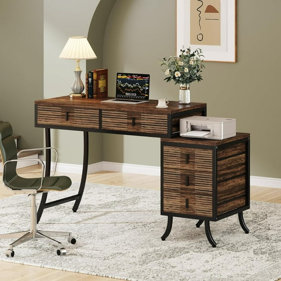 Finmind Computer Desk with 5 Drawers, 55" Home Office Desk with Reversible Drawer Cabinet