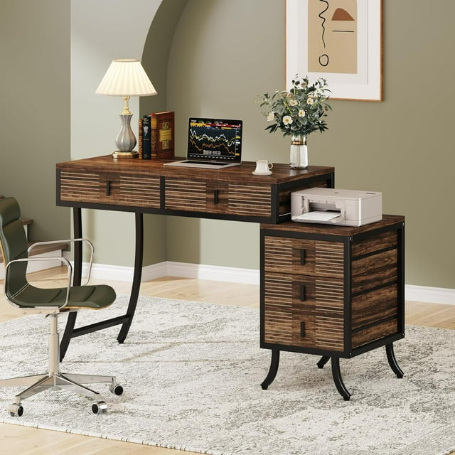 Finmind Computer Desk with 5 Drawers, 55" Home Office Desk with Reversible Drawer Cabinet