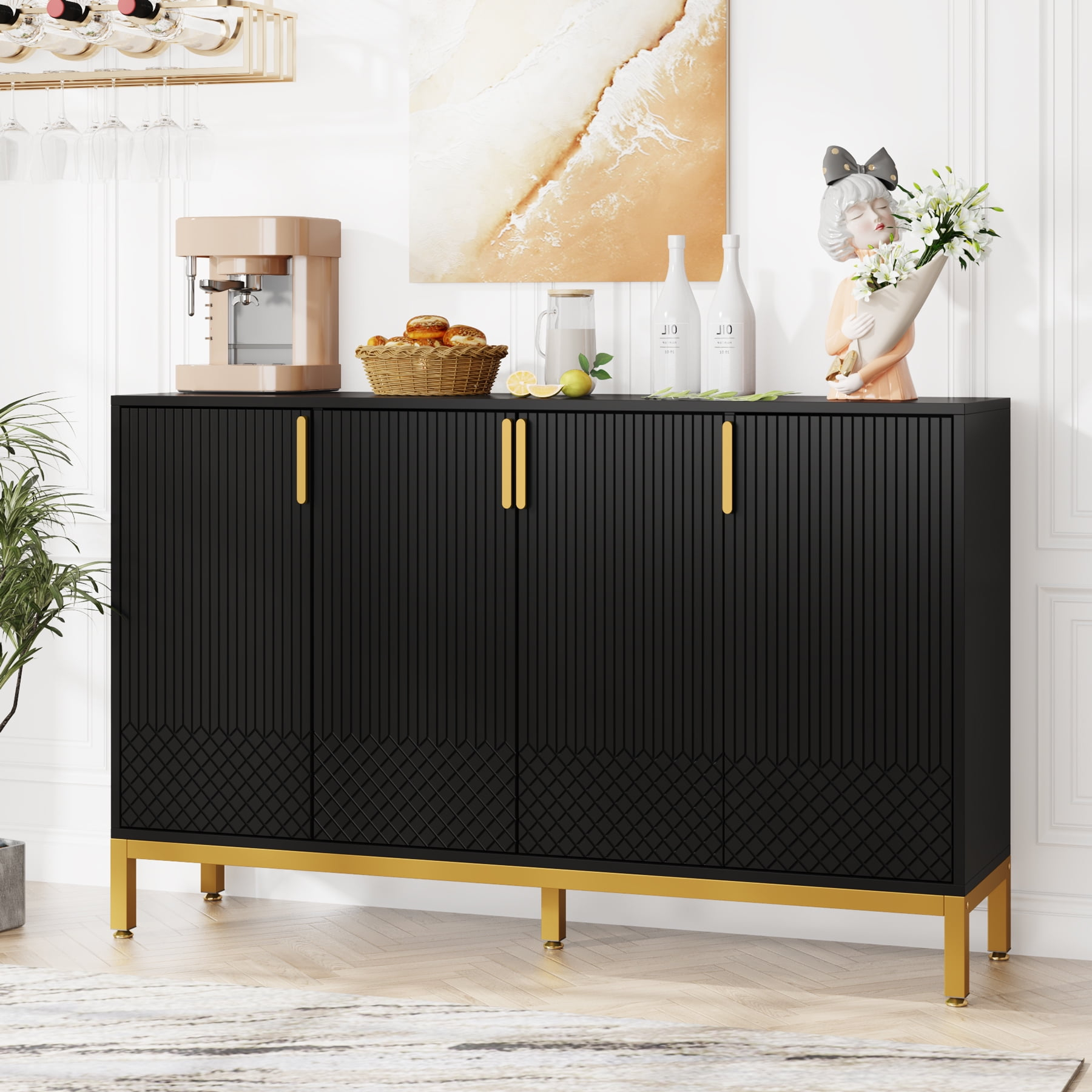 Finmind 59" Buffet Cabinet, 4-Door Storage Sideboard, Black & Gold Coffee Bar Cabinet for Dining Room or Living Room