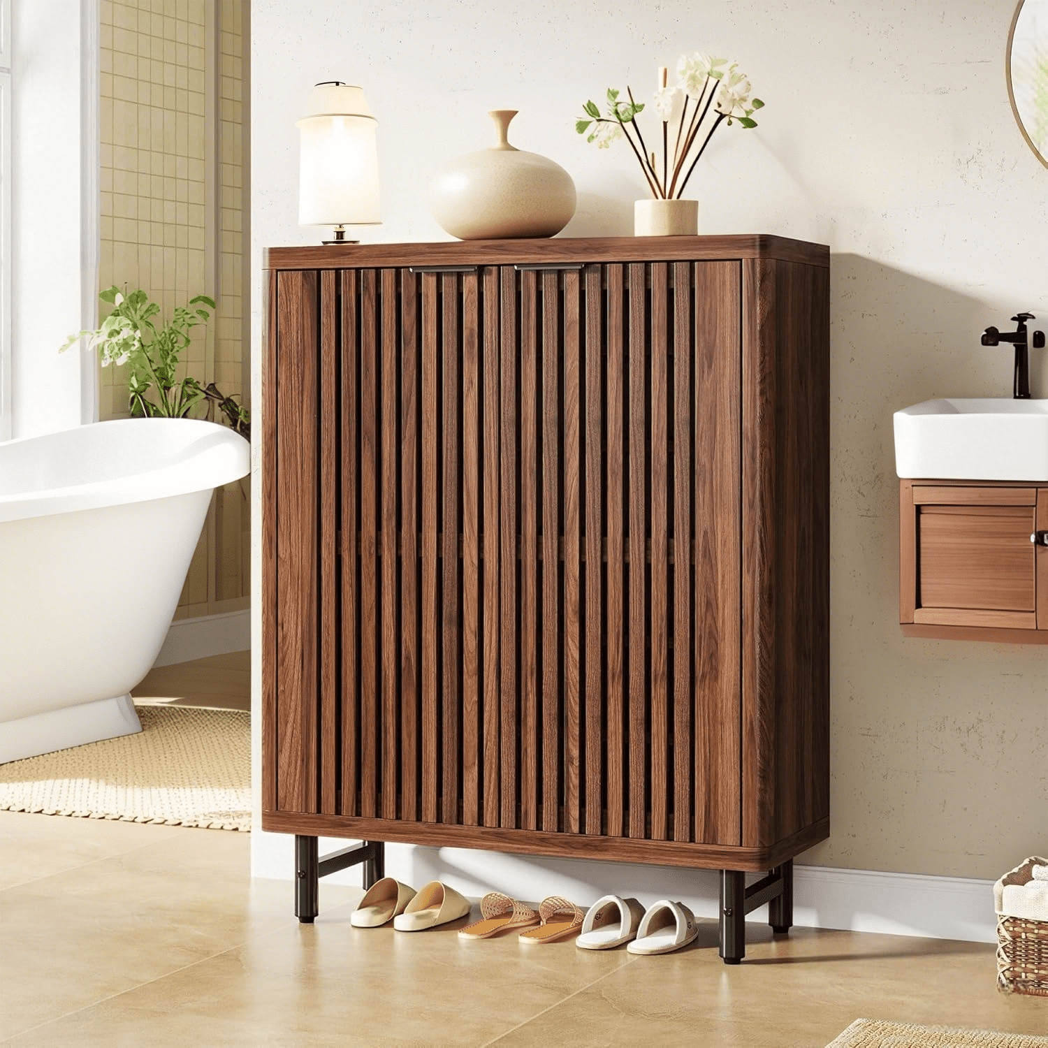 Tribesigns 6-Tier Bathroom Floor Cabinet, Wooden Bathroom Storage Cabinet, Large Sideboard Cabient for Bathroom/Kitchen/Living Room (Walnut)