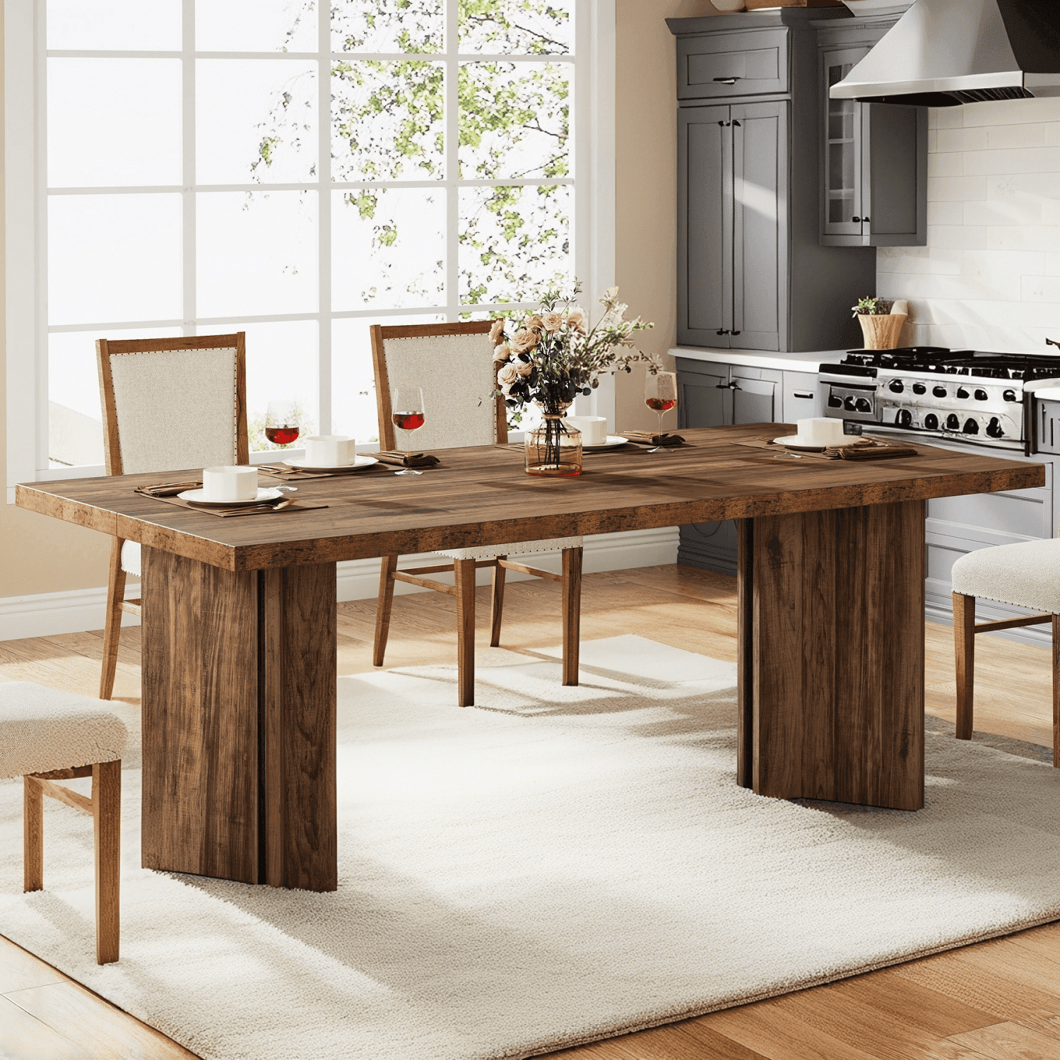 Tribesigns Dining Room Table for 4-6, 63" Farmhouse Wood Kitchen Table for Kitchen, Dark Brown