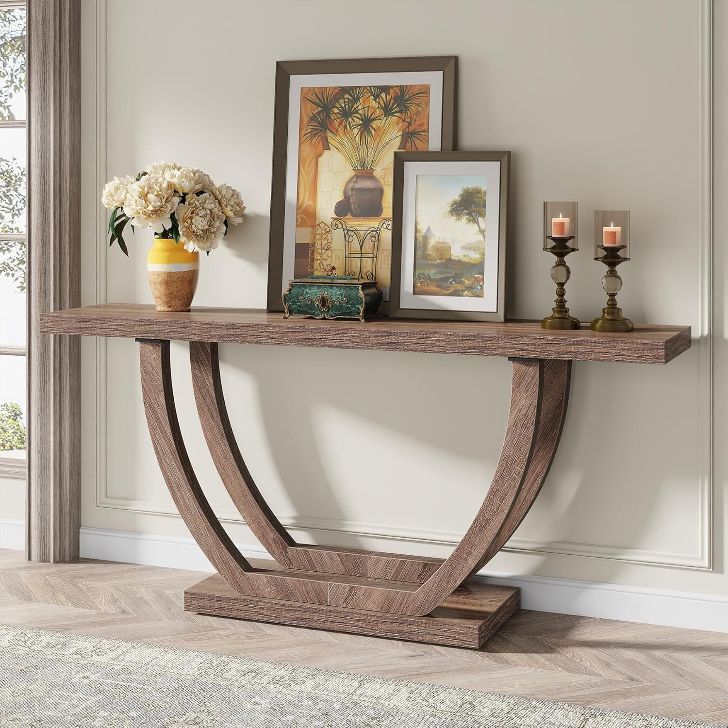 Tribesigns 63" Skinny Console Table with Geometric Base, Farmhouse Sofa Table Narrow Long, Thickened Behind Couch Table with Shelves for Living Room Foyer Corridor (Brown)