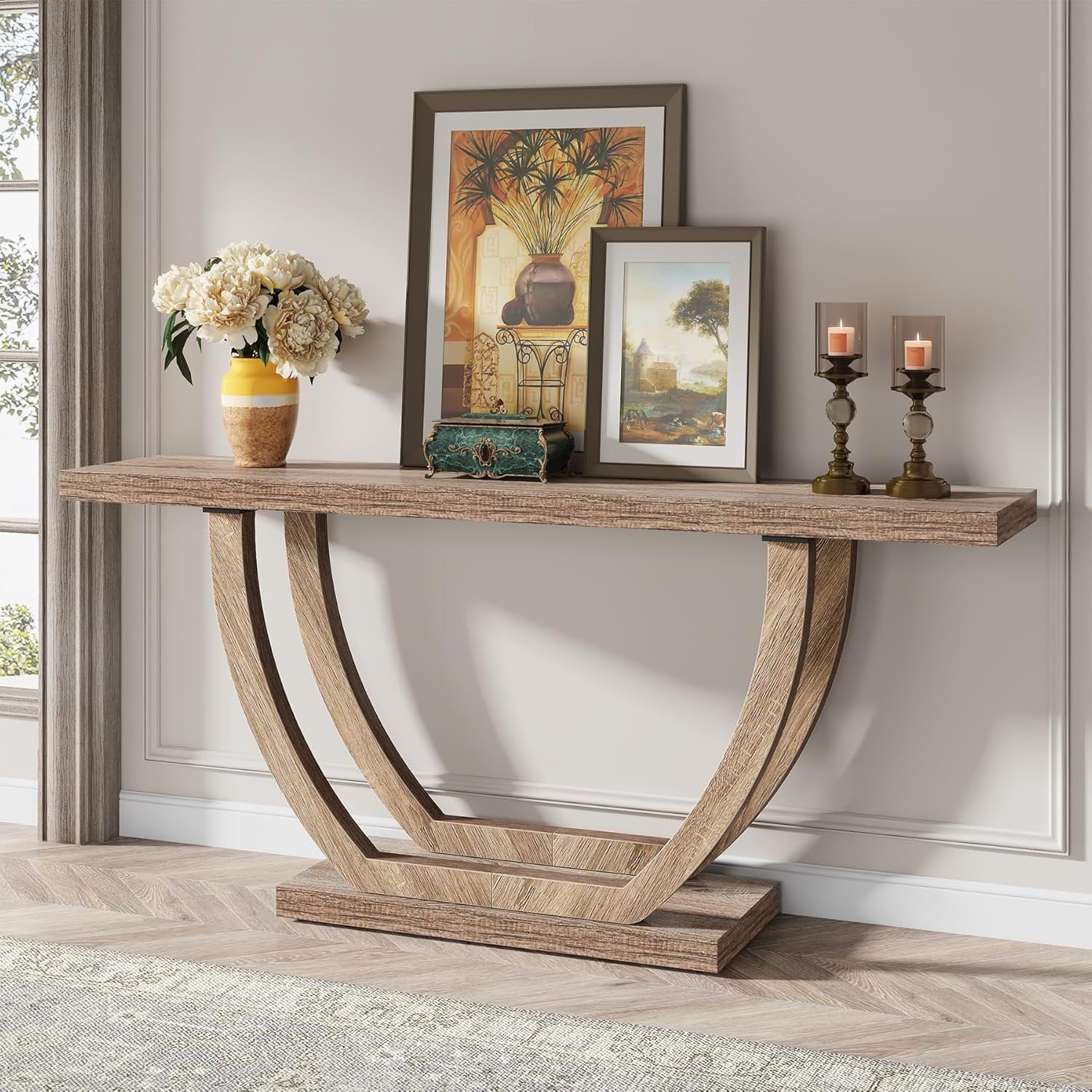 Tribesigns 63" Skinny Console Table with Geometric Base, Farmhouse Sofa Table Narrow Long, Thickened Behind Couch Table with Shelves for Living Room Foyer Corridor (Brown)