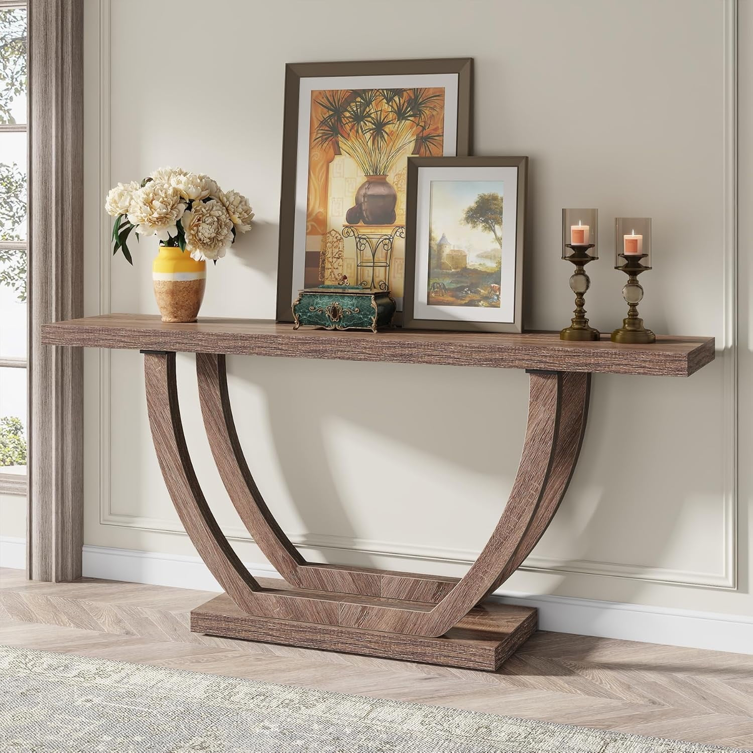 Tribesigns 63" Skinny Console Table with Geometric Base, Farmhouse Sofa Table Narrow Long, Thickened Behind Couch Table with Shelves for Living Room Foyer Corridor (Brown)
