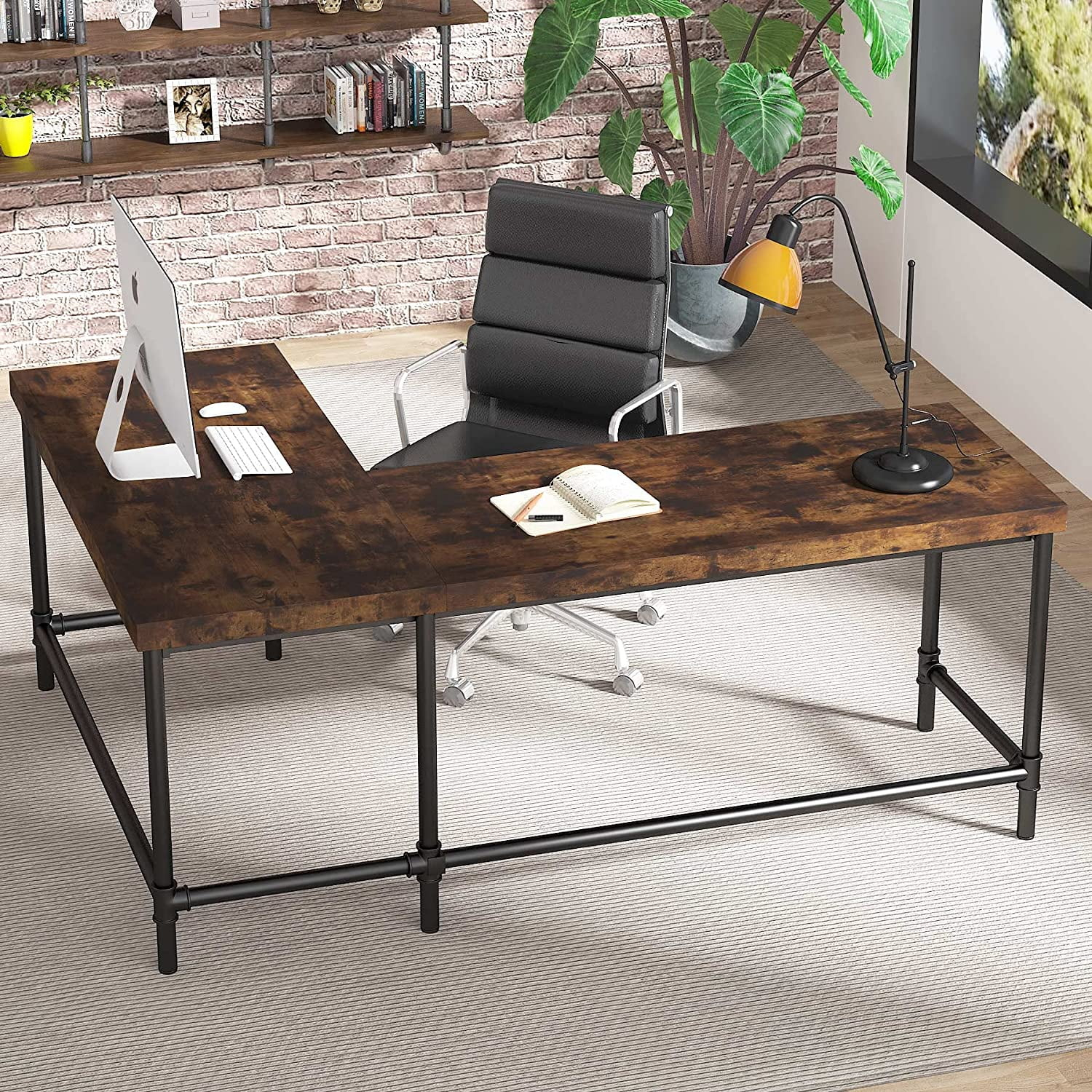 Tribesigns 67 inch L-Shaped Desk,Industrial L Desk, Reversible Corner Computer Office Desk Study Table Workstation with Pipe Legs for Home Office(Brown)