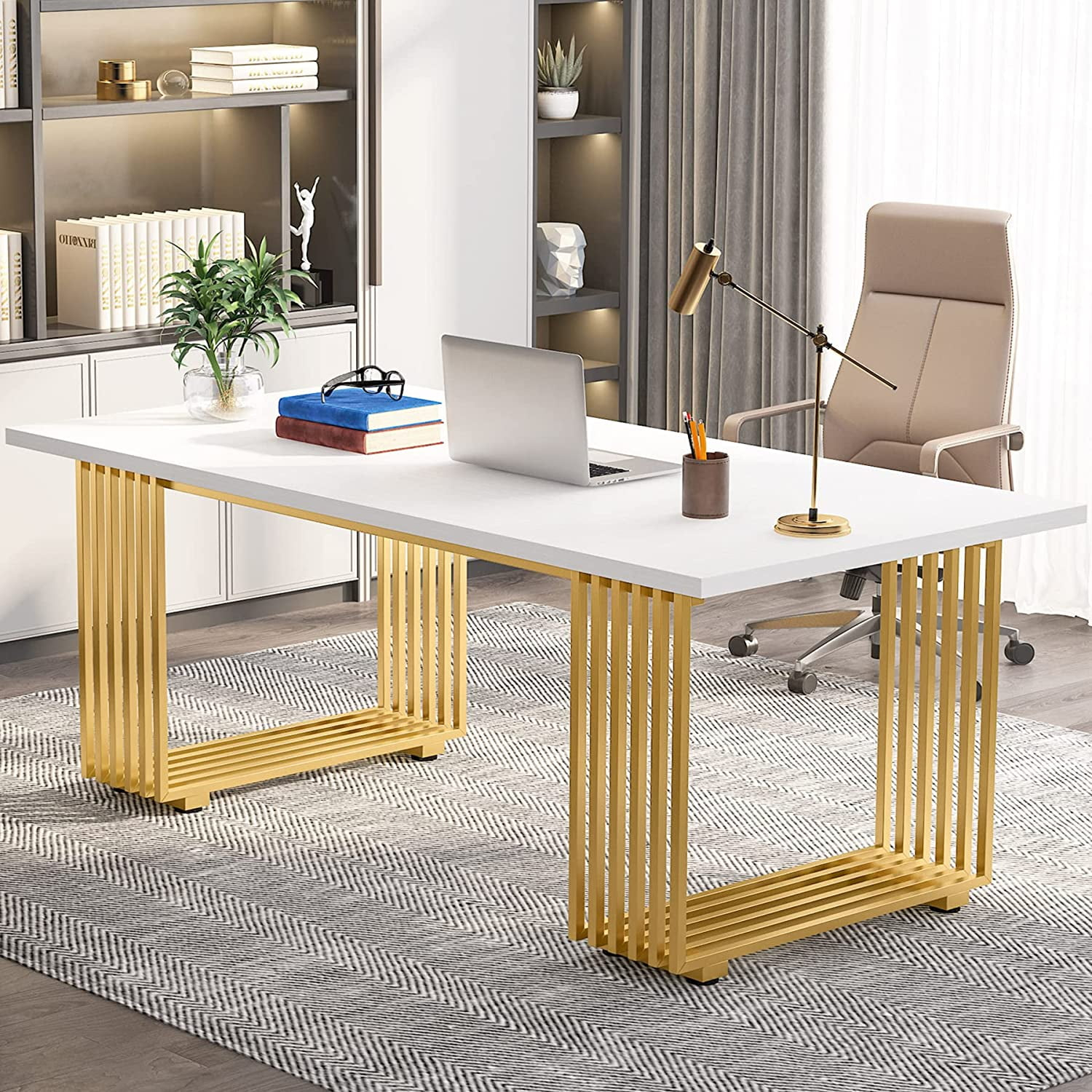 Tribesigns 70.9" Executive Office Desk, Modern Conference Desk with Metal Frame, White Gold