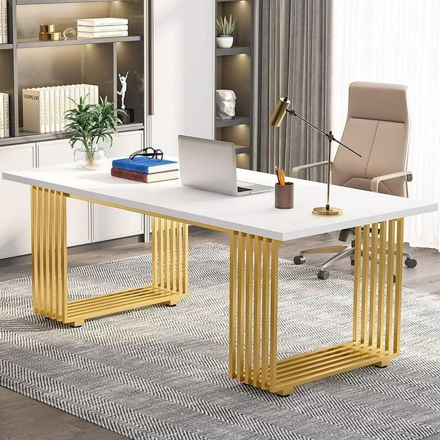 Tribesigns 70.9" Executive Office Desk, Modern Conference Desk with Metal Frame, White Gold