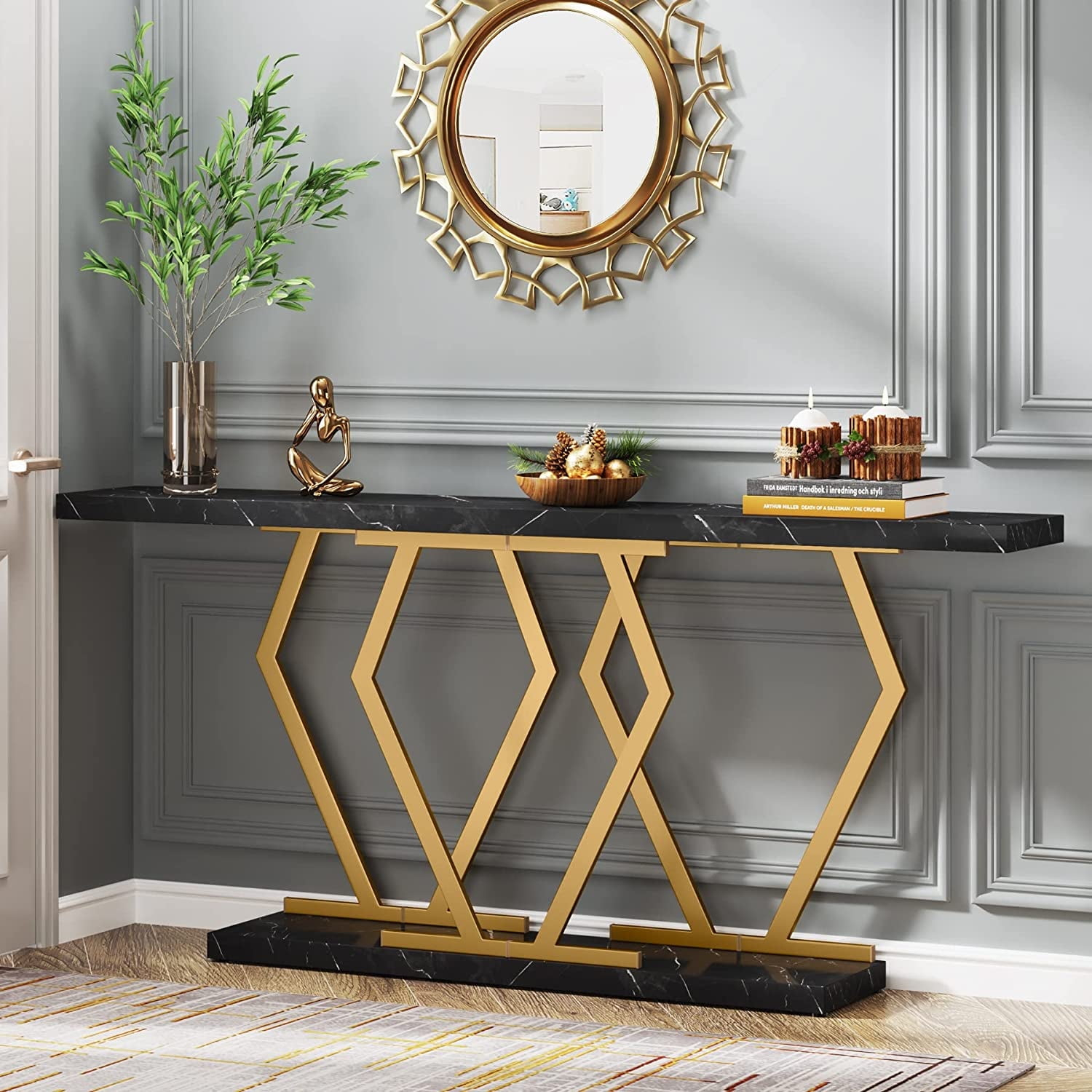 Yardi Yarda 70.9" Console Table, Modern Sofa Table with Faux Marble Tabletop, Faux Marble Black & Gold