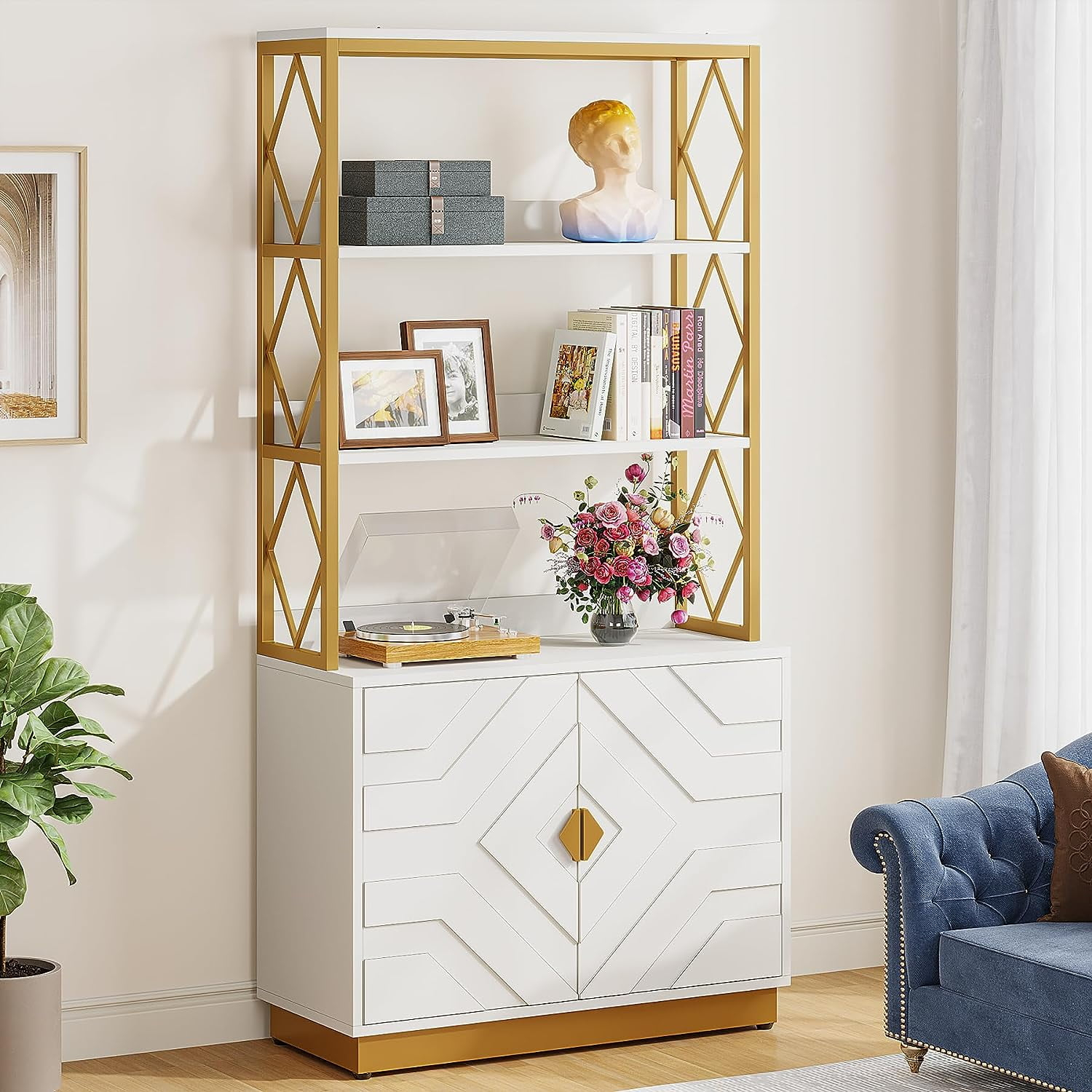 Tribesigns 71" Tall Etagere Bookcase with 3 Shelves 2 Cabinets, White and Gold Bookshelf with Doors, Modern Open Display Bookshelf for Living Room Bedroom Office