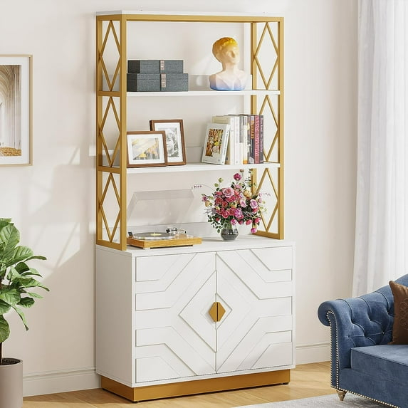 Tribesigns 71" Tall Etagere Bookcase with 3 Shelves 2 Cabinets, White and Gold Bookshelf with Doors, Modern Open Display Bookshelf for Living Room Bedroom Office