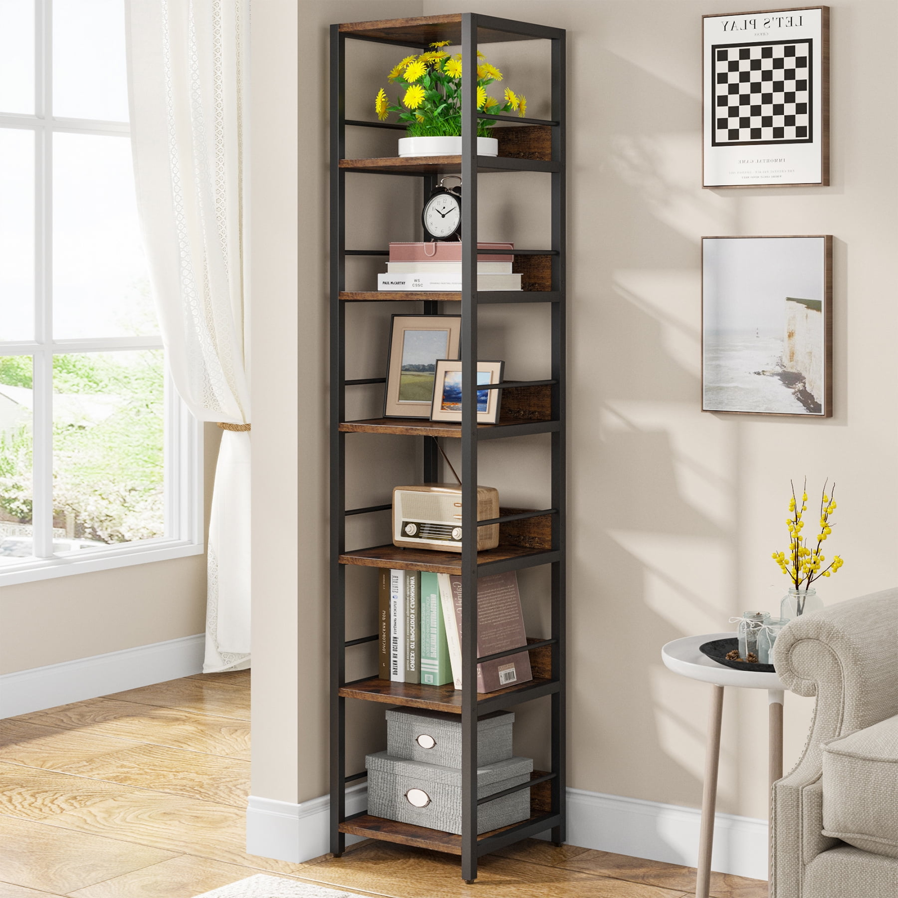 Tribesigns 75 Inch Tall Narrow Bookshelf for Small Spaces, 6-tier Multipurpose Storage Rack Book Shelves, Rustic Corner Square Shelf Tower, Skinny Bookcase Display Stand Shelving Units for Home Office