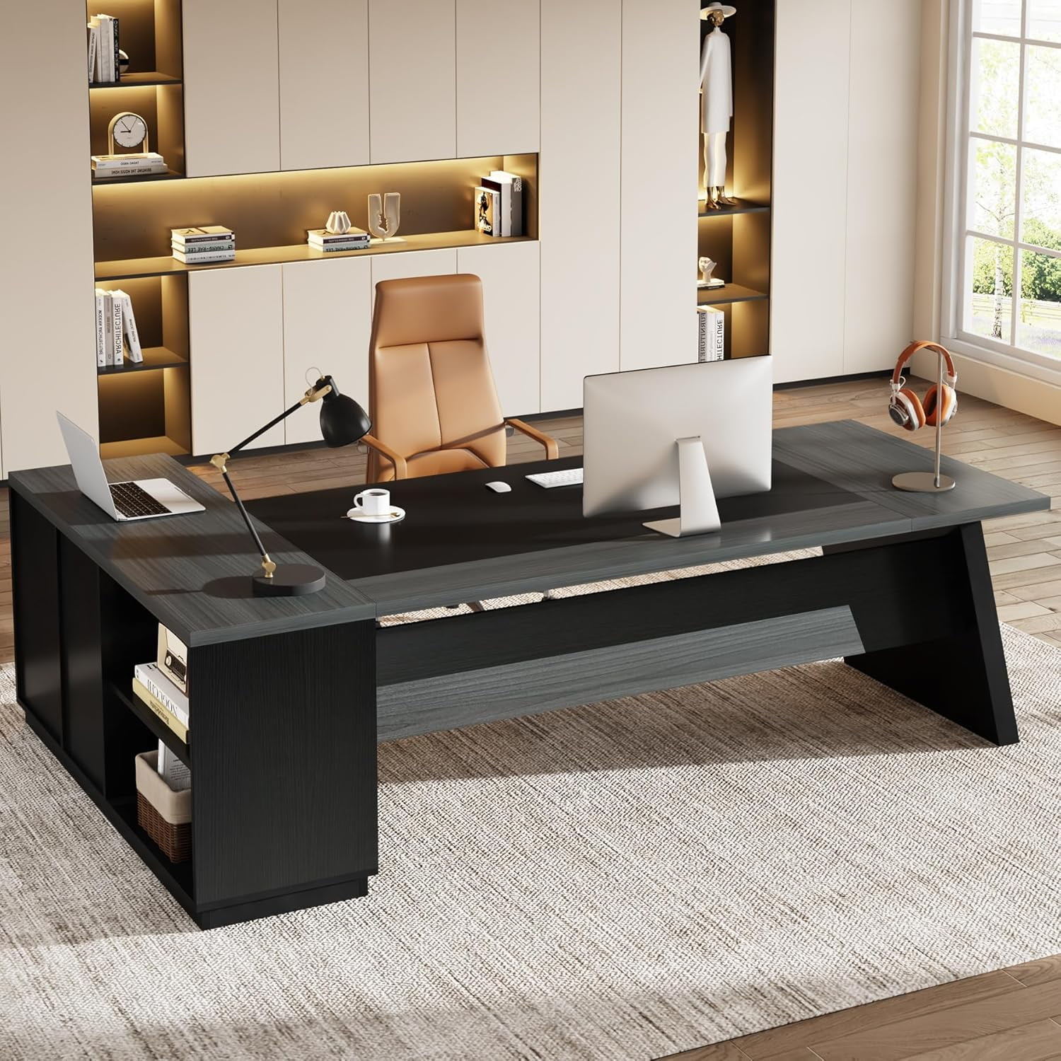 Tribesigns 78-Inch L-Shaped Executive Desk, Large Office Desk with Drawers and Lateral File Cabinet, Modern Computer Desk for Home Office, Gray & Black