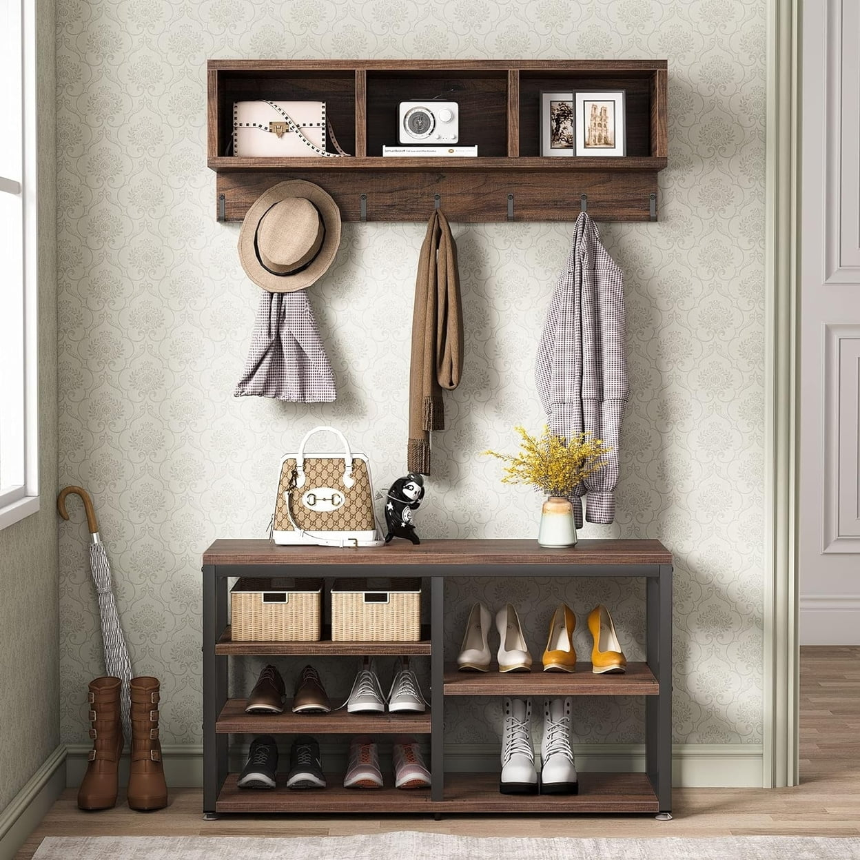 Tribesigns Coat Rack Shoe Bench Set Hall Tree with Shoe Bench Industrial Shoe Rack Bench with Coat Rack 3 Storage