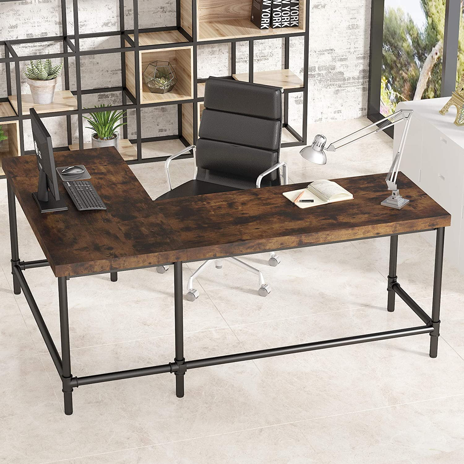 Tribesigns 67 inch L-Shaped Desk,Industrial L Desk, Reversible Corner Computer Office Desk Study Table Workstation with Pipe Legs for Home Office(Brown)