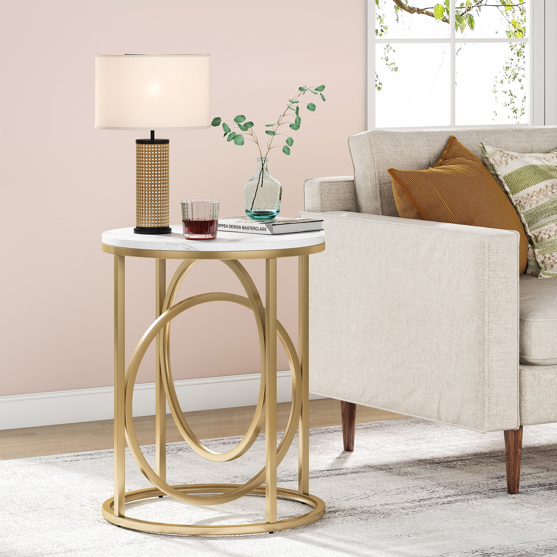 Tribesigns Morden Round End Table with Faux Marble White Top, 20" Sofa Side Table Coffee Table Cocktail Table with Unique Gold O-shaped Base for Living Room Bedroom