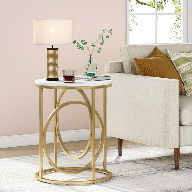 Tribesigns Morden Round End Table with Faux Marble White Top, 20" Sofa Side Table Coffee Table Cocktail Table with Unique Gold O-shaped Base for Living Room Bedroom