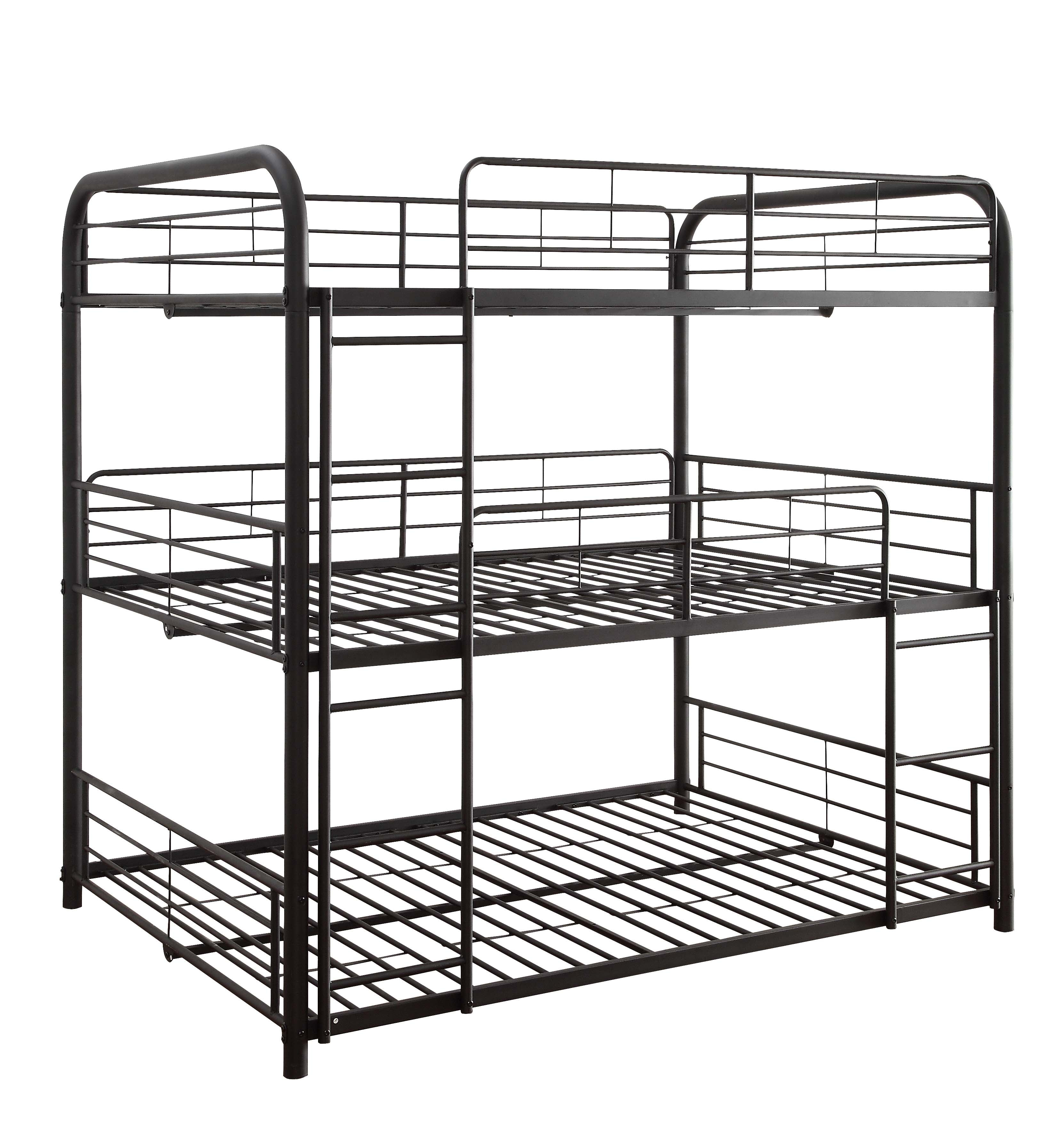 Triple Layer Twin Size Metal Bunk Bed with Attached Ladder, Black- Saltoro Sherpi