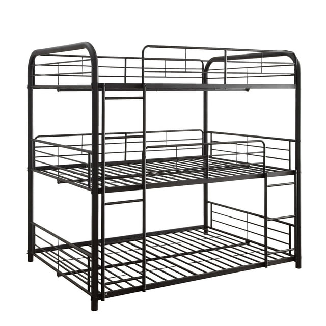 Triple Layer Twin Size Metal Bunk Bed with Attached Ladder, Black- Saltoro Sherpi