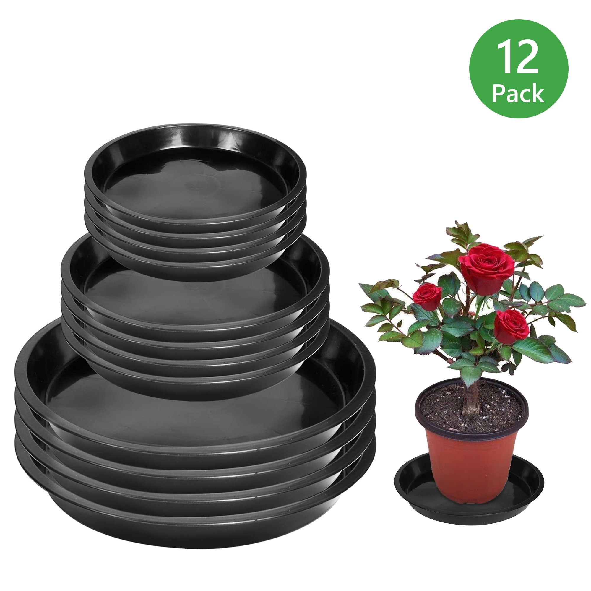 Tripumer 12Pack Plant Saucers 6inch/8inch/10inch Black Plant Saucers Plastic Planter Trays Round Trays Heavy Duty Drip Trays Perfect for Indoor and Outdoor Plants
