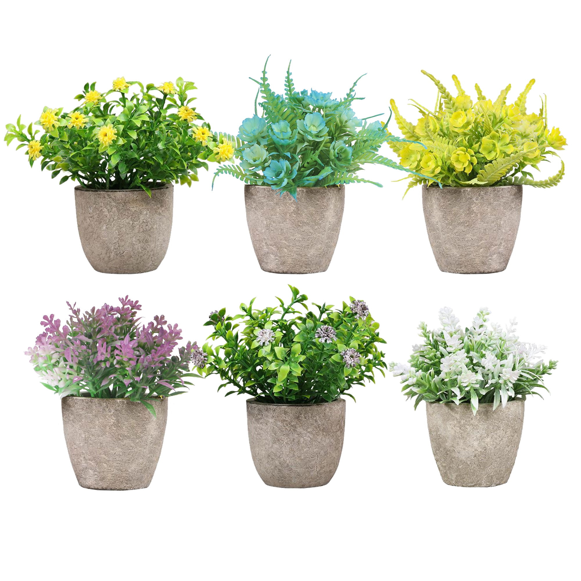 Tripumer Set of 6 Mini Fake Plants Potted Fake Flowers Artificial Greenery Arrangement Cylindrical Pulp Simulation Potted Plants Suitable for Home Office Bedroom Shelf Farmhouse Decoration