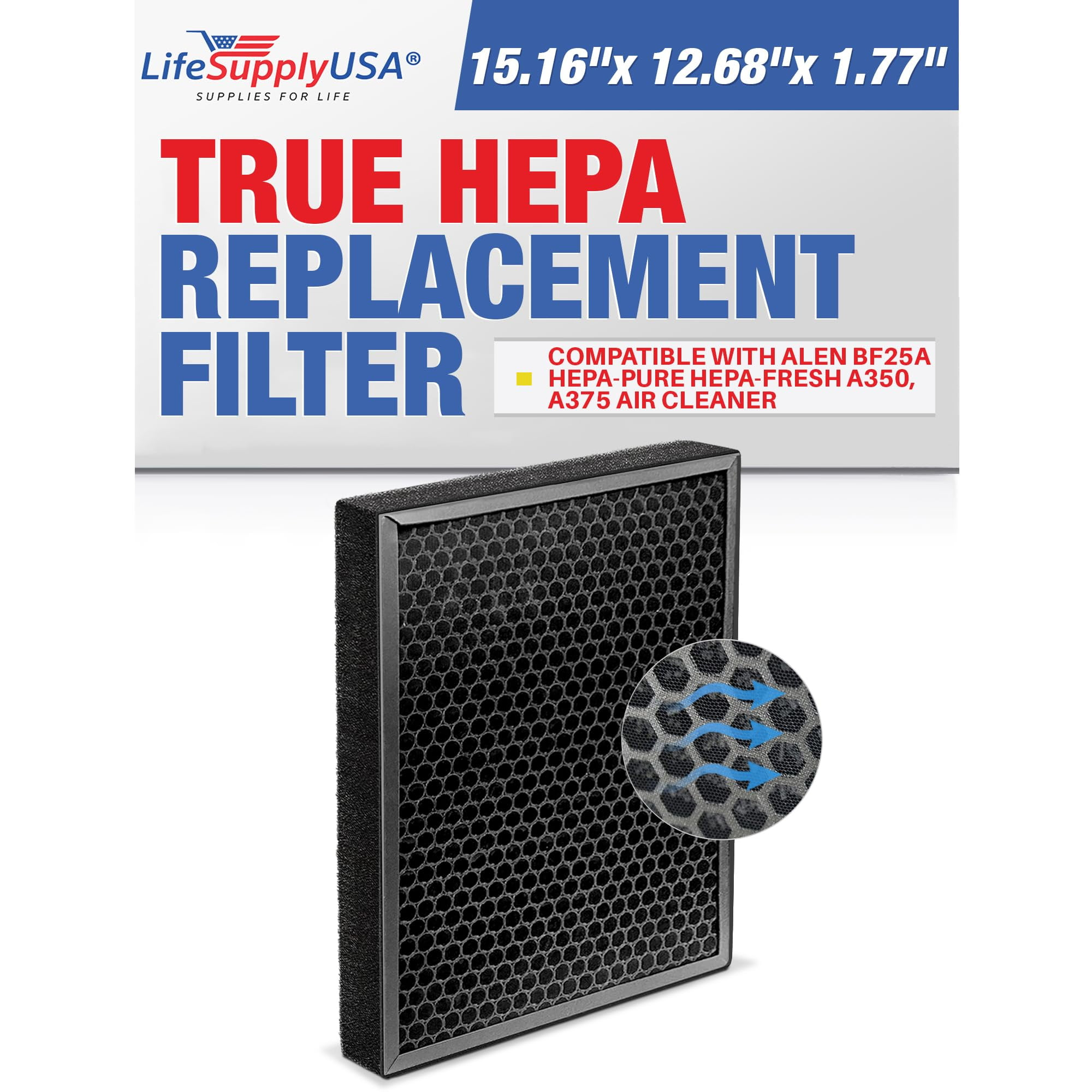 LifeSupplyUSA True HEPA Filter Replacement Compatible with Alen BF25A HEPA-Pure HEPA-Fresh A350, A375 Air Purifier