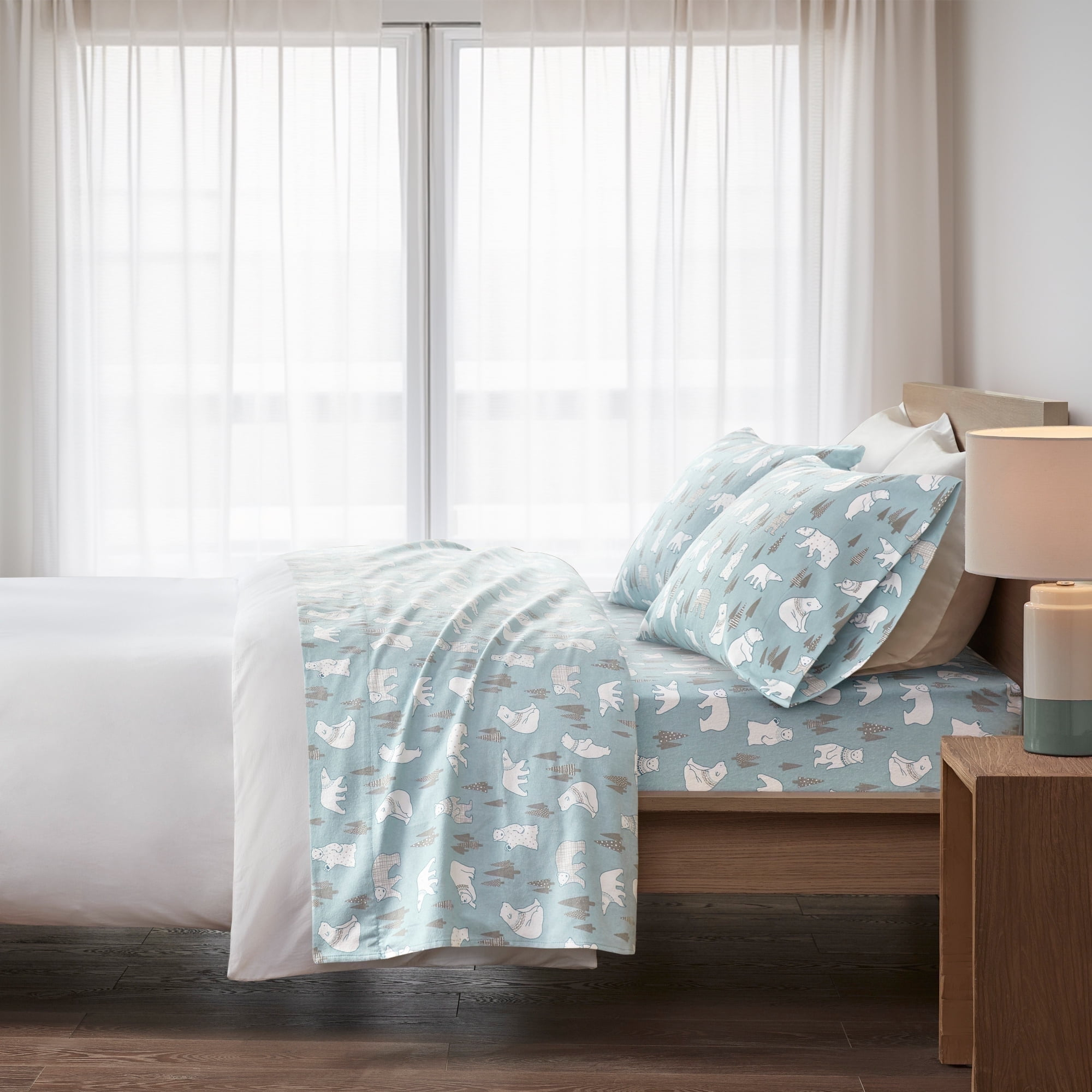 Twin Size Bed Sheets Set, 3-Piece Cozy Cotton Flannel Sheets Set Twin with Deep Pocket Fitted Sheet, Blue Polar Bears