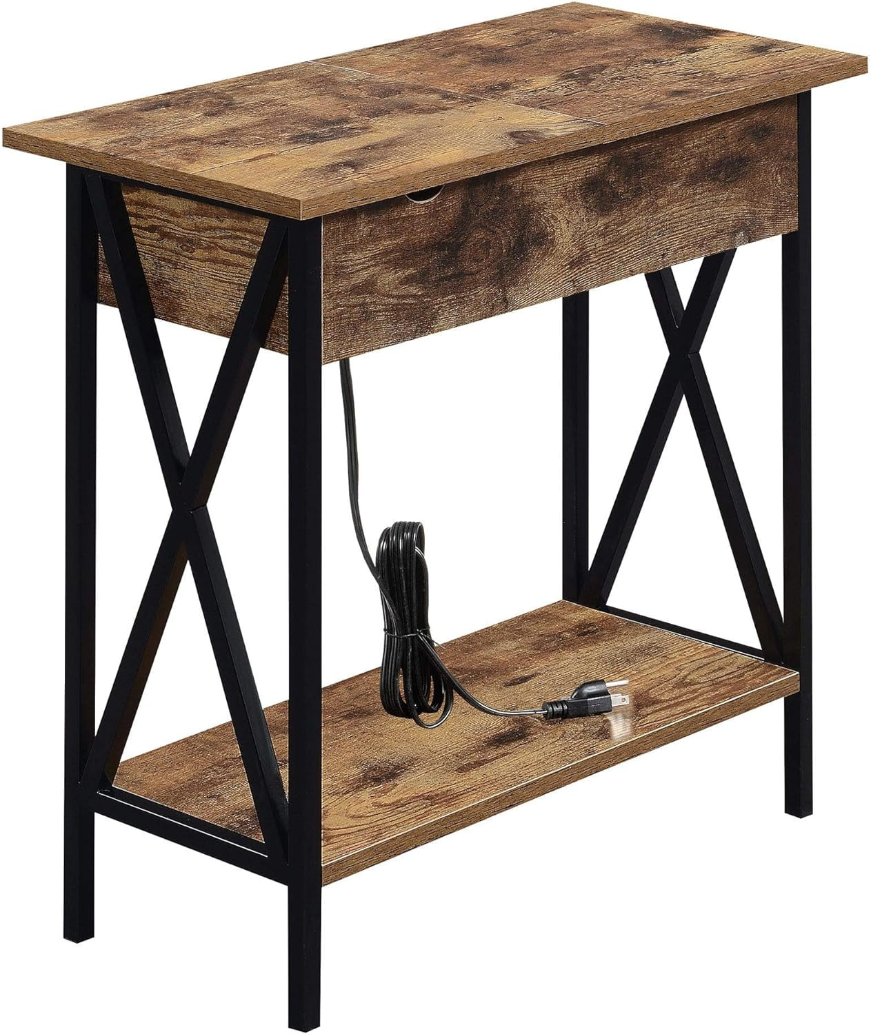 Convenience Concepts Tucson Flip Top End Table with Charging Station and Shelf, Barnwood/Black