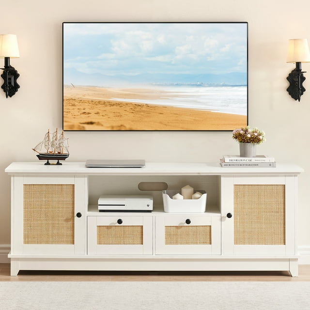 TROPOW Tv Stands for Living Room,Rattan TV Stand, Boho Entertainment Center for 65 Inch TV, TV Console with 2 Cabinets & Adjustable Shelf, Modern TV Stand with Storage, Media Console Cabinet,White