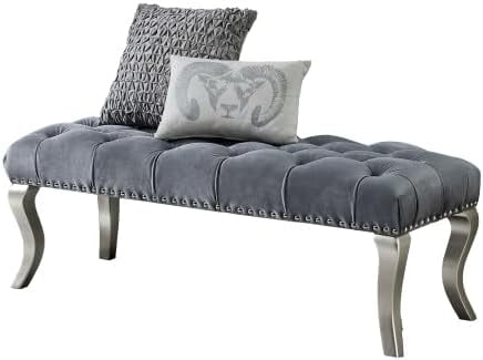 Roundhill Furniture Decor Maxem Tufted Fabric Upholstered Seat with Nailhead Trim Bench, Gray