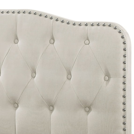 Tufted Fog-Beige Linen Fabric Headboard and Panel Bed Frame in Full