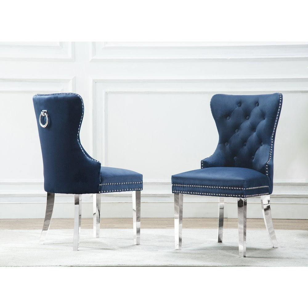 Tufted Navy Blue Velvet Side Chairs with Silver Stainless Steel (Set of 2)