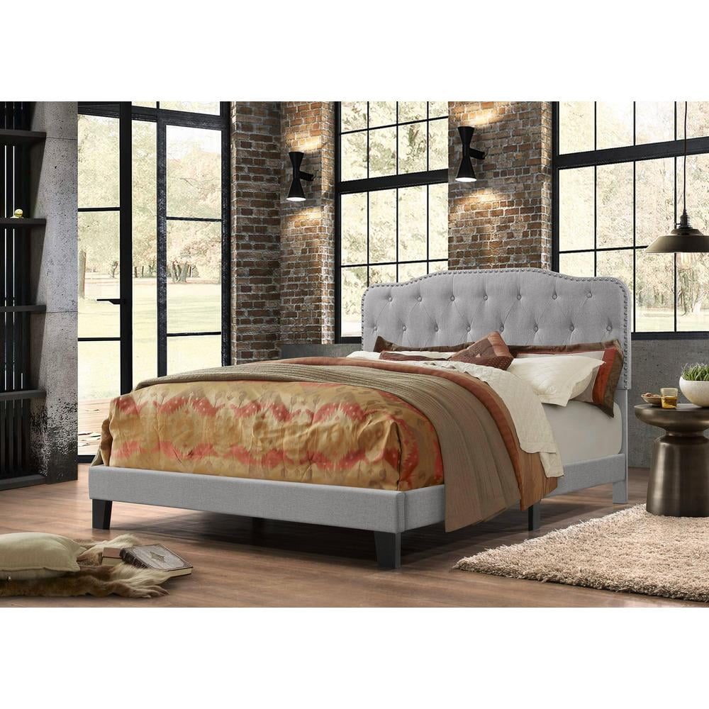 Tufted Smoke Gray Linen Headboard and Panel Bed Frame in Full